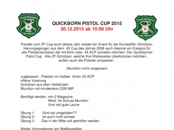 Ausschreibung: QUICKBORN PISTOL CUP 2015
