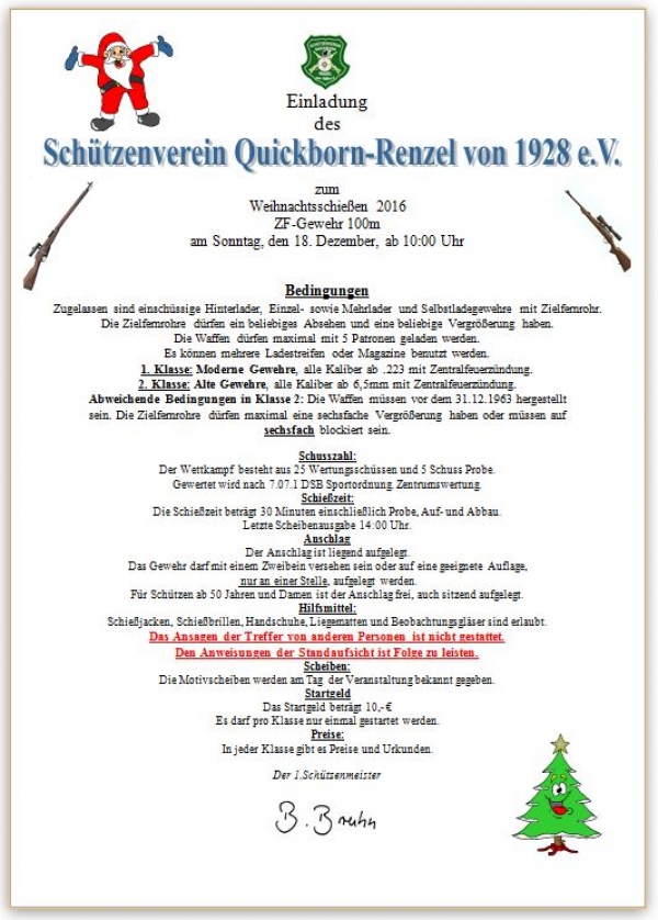 Ausschreibung: Weihnachtsschießen 2016 - ZF-Gewehr 100m