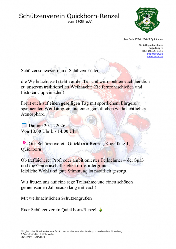Ausschreibung Weihnachtsschie&szlig;en: Quickborn Pistol Cup und ZF-Cup 2026