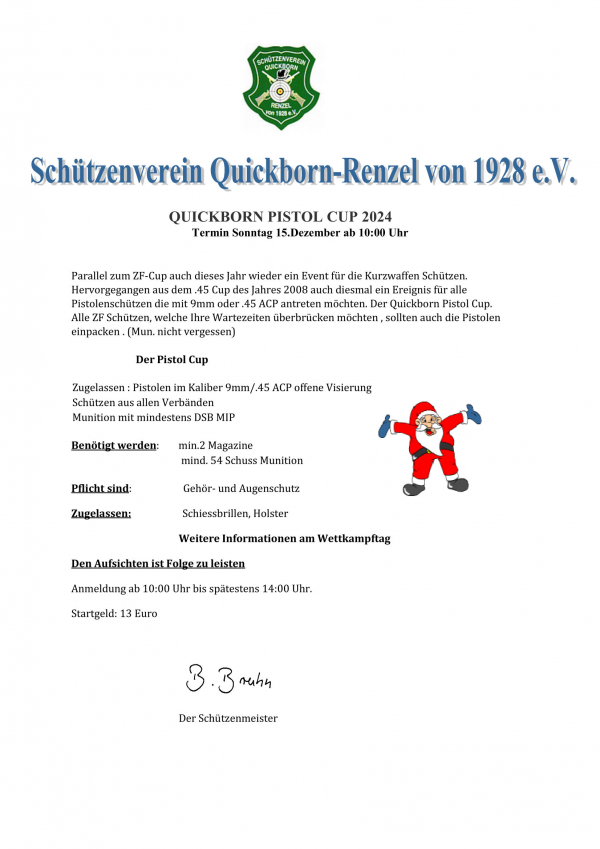 Ausschreibung Weihnachtsschießen: Quickborn Pistol Cup 2024